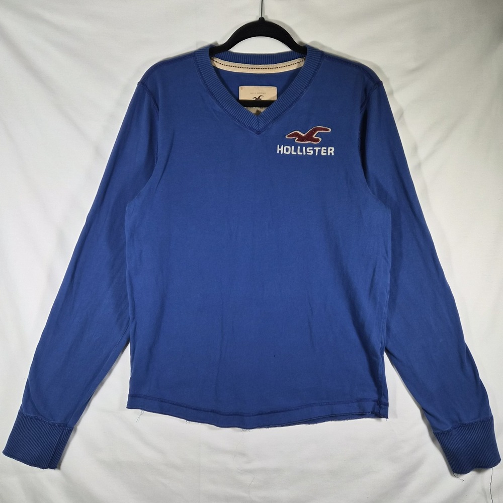 2000s Y2K Hollister California Mens XL Blue V Neck Long Sleeve Shirt Logo